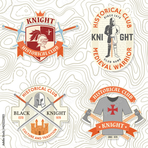 Set of Knight historical club badge, t-shirt design. Vector. Concept for shirt, print, stamp, overlay or template. Vintage typography design with knight with sword and castle silhouette.