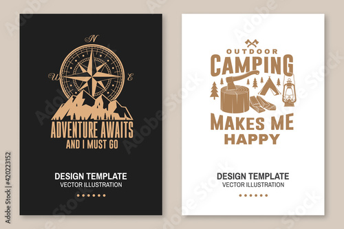 Set of outdoor adventure inspirational quote flyer, brochure, banner, poster. Vector . Typography design with camper tent, mountain, forest landscape silhouette.