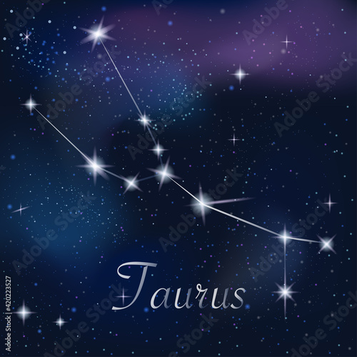 Zodiac sign Taurus on against the background of the starry sky. Constellation Taurus on starry night background. Astrological zodiac against the background of space.