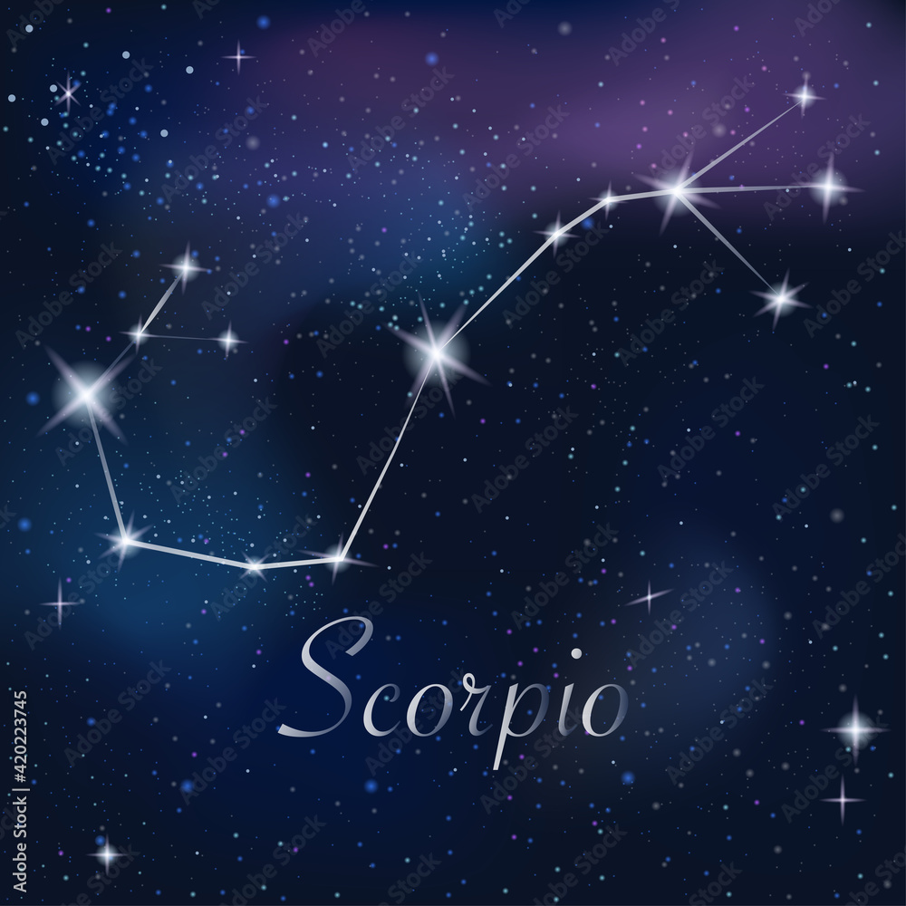 Fototapeta premium Zodiac sign Scorpio on against the background of the starry sky. Constellation Scorpio on starry night background. Astrological zodiac against the background of space.