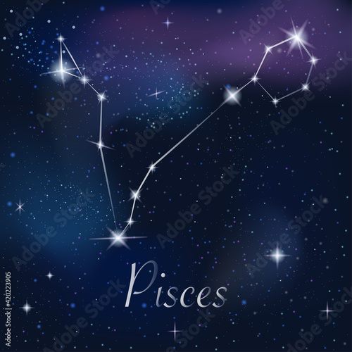 Zodiac sign Pisces on against the background of the starry sky. Constellation Pisces on starry night background. Astrological zodiac against the background of space.