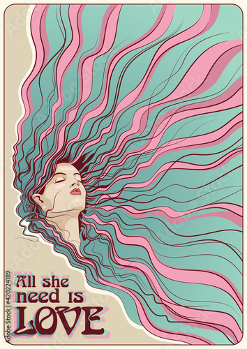 Hippie Girl Curly Hair Vintage Poster Stylization 