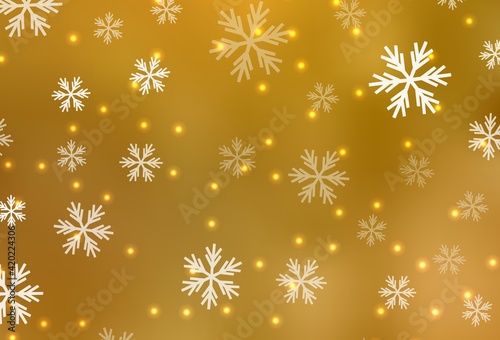 Dark Yellow vector layout with bright snowflakes, stars.