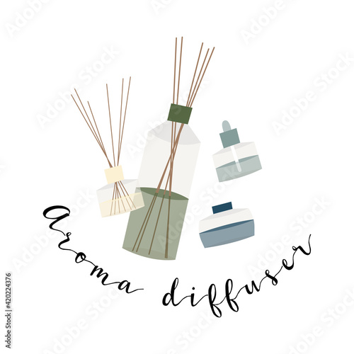 Aromatherapy. Aroma diffuser, essential oil, incense stick.  Relaxation, meditation. Vector flat cartoon illustration