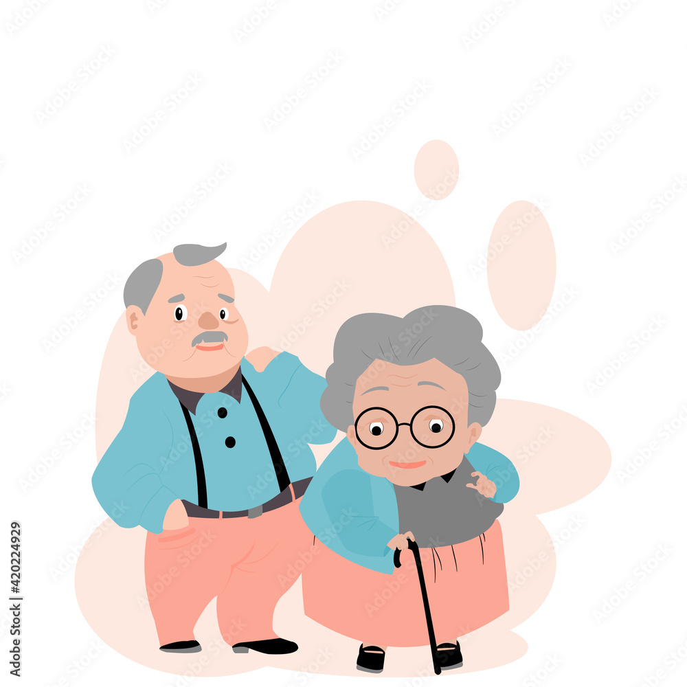 Vector illustration in flat style Of cartoon Grandmother and grandfather together. Grandparents. Elderly couple. A Old man with grey hair, mustache and a woman wearing colorful clothing with glasses.