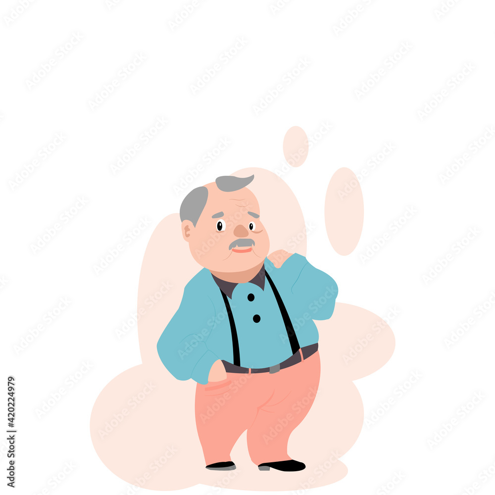 Vector illustration isolate flat design cartoon front view of cute smart grandfather standing. Alone old grandpa in colorful clothes. Old man with grey hair, mustache, wearing sweater is smiling Vector illustration isolate flat design cartoon front view of cute smart grandfather standing. Alone old grandpa in colorful clothes. Old man with grey hair, mustache, wearing sweater is smiling