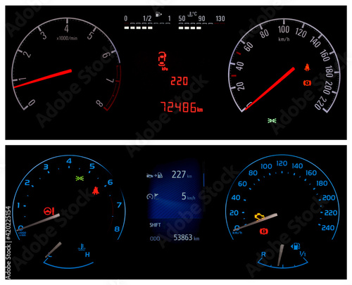 Car dashboards collage. Two different types of car cluster. Instrument panel with speedometer, tachometer, odometer, fuel gauge, oil temperature gauge, seat belt reminder, tyre pressure display.