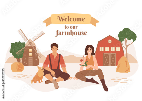 Young man and woman sitting on the ground with domestic dog. Barn, mill, haystack and garden trees isolated on white background. Farming, agronomy concept. Family farmhouse. Abstract landscape.