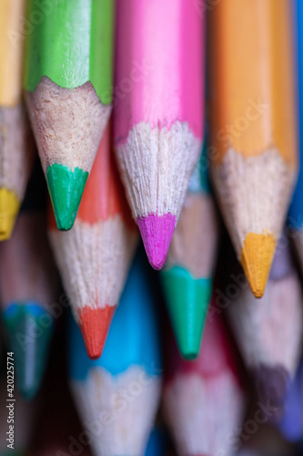 close-up of rows of sharpened multicolored pencils