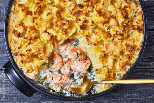 salmon pot pie in a baking dish photo