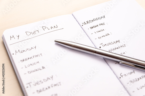 Diet plan: planning of the weekly diet, with the foods to eat during the week, written on a white notebook with black ink.