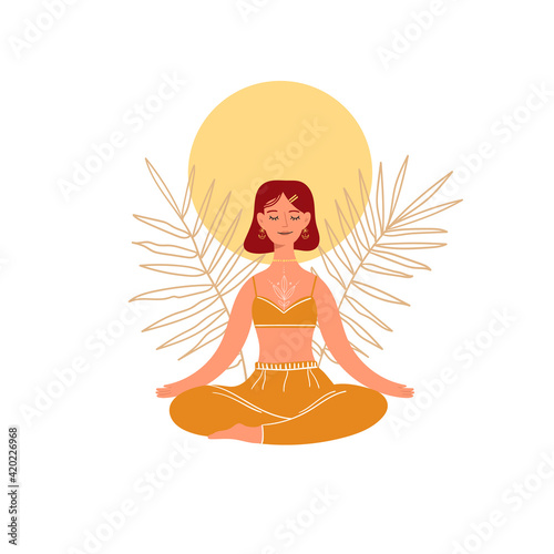 Young woman doing yoga exercises, practicing meditation in the lotus position. Trendy flat vector illustration.