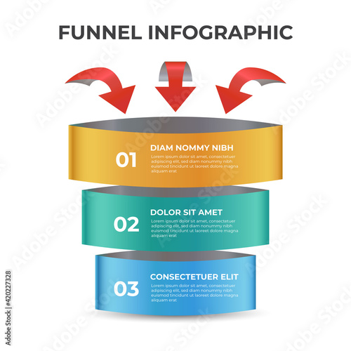3 points of funnel diagram with arrows, stages and steps infographic template element vector.