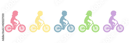 Cute happy children riding bicycles silhouettes. Different kids ride bikes. Healthy lifestyle. Sport vehicles competition concept. Vector illustration isolated on white