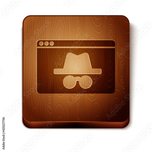 Brown Browser incognito window icon isolated on white background. Wooden square button. Vector