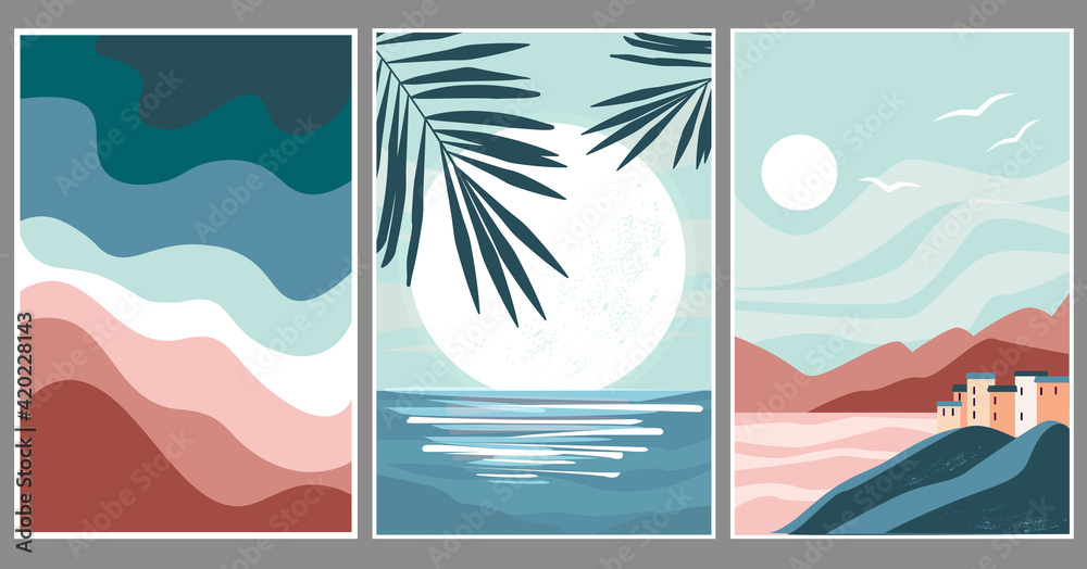 Set art abstract minimalistic landscape. Palm leaves on the background of the moon, sun, sunset, sea, ocean. Seascape, city, mountains, travel, relaxation for print, poster, wallpaper, textile. Vector