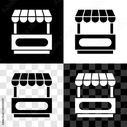 Set Fast street food cart with awning icon isolated on black and white, transparent background. Urban kiosk. Vector
