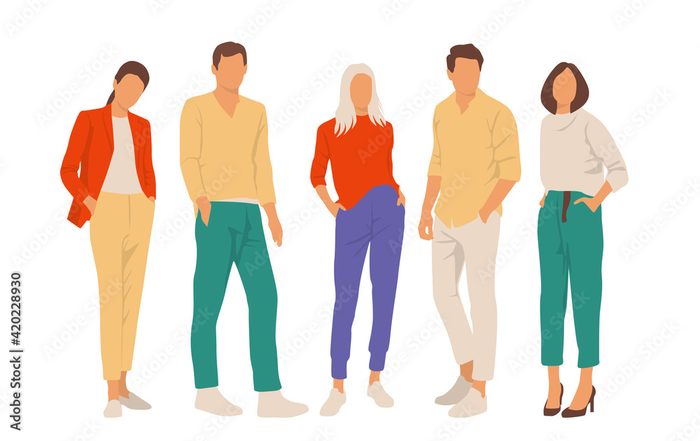 Obraz premium Set of young men and women, different colors, cartoon character, group of silhouettes of standing business people, students, the design concept of flat icon, isolated on white background