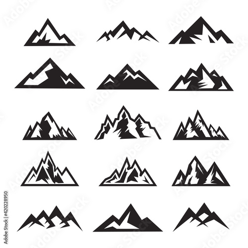 Set of mountain travel emblems. Camping outdoor adventure emblem, badge, and logo patch. Mountain tours, hiking. Jungle camp label in vintage and silhouette style