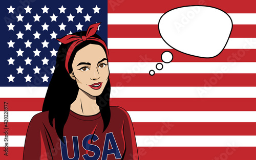 Smiling girl on the background of the American flag. America independence day. Vector image in pop art style. Template for banners, flyers, postcards.