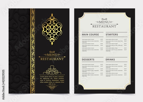 Luxury dark restaurant menu with logo ornament