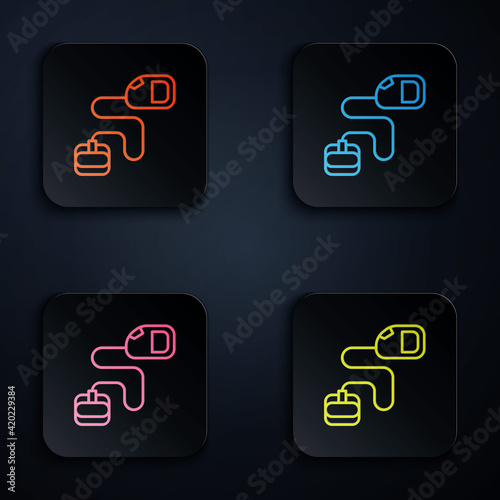 Color neon line Retractable cord leash with carabiner icon isolated on black background. Pet dog lead. Animal accessory for outdoors walk. Set icons in square buttons. Vector