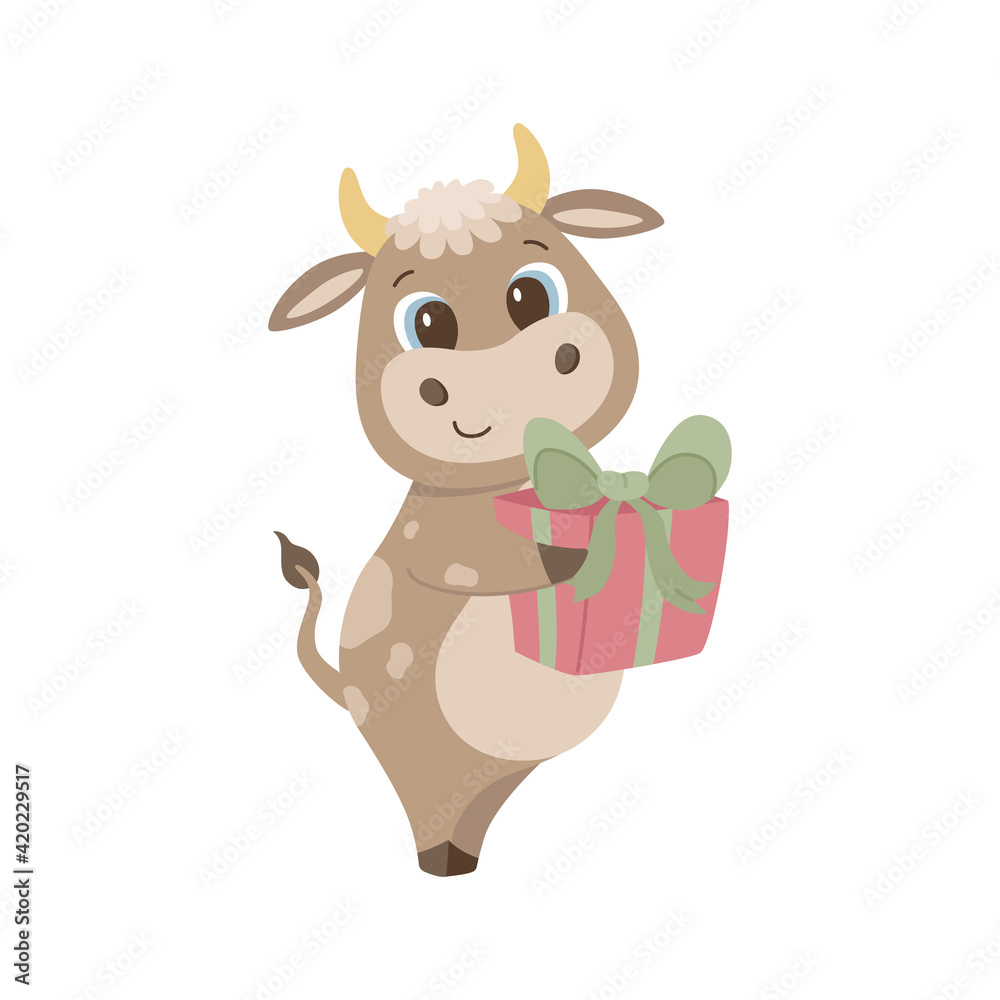 Obraz premium Cute bulls with present on a white background. Vector graphics