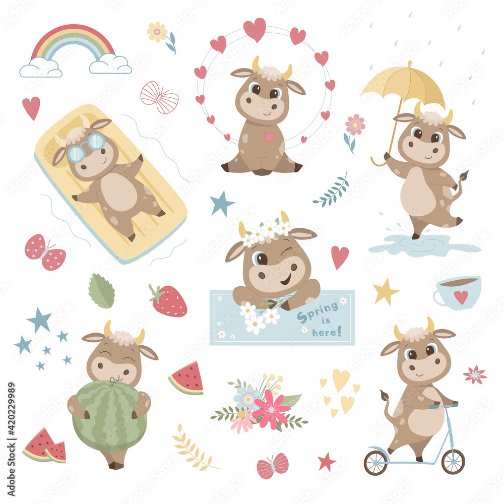Set of cartoon cute bulls in different poses summer and spring isolate on a white background. Vector graphics