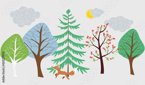 spring trees  set of vector illustrations of cute trees and shrubs  oak  birch  aspen  linden  fir  sun and fox