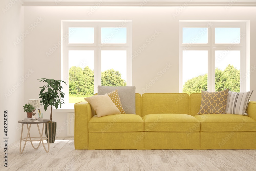 White living room with sofa and summer landscape in window. Scandinavian interior design. 3D illustration