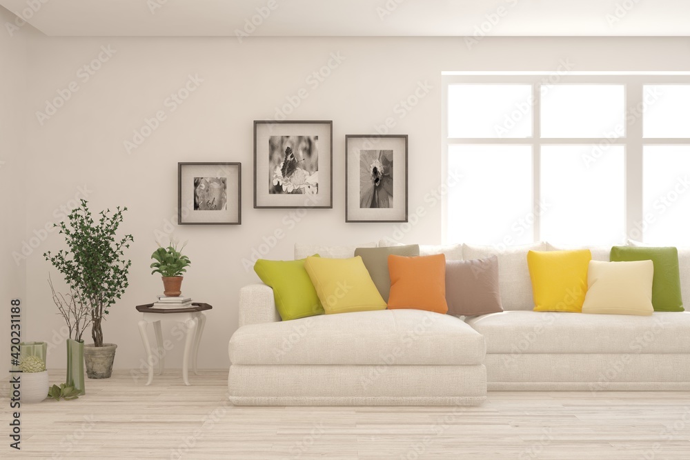 Naklejka premium White living room with sofa. Scandinavian interior design. 3D illustration