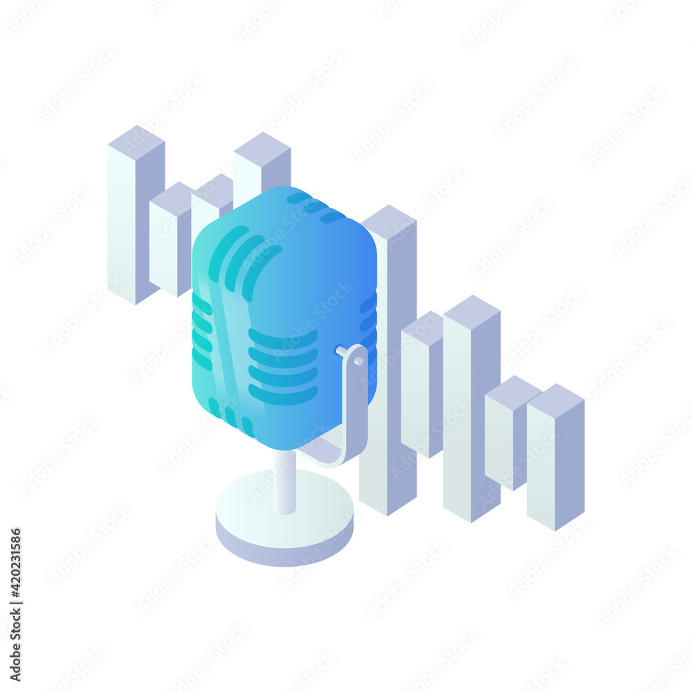 Podcast radio microphone isometric icon. 3d broadcast vector illustration, retro studio microphone with soundwave, radio waves Podcast radio microphone isometric icon. 3d broadcast vector illustration, retro studio microphone with soundwave, radio waves
