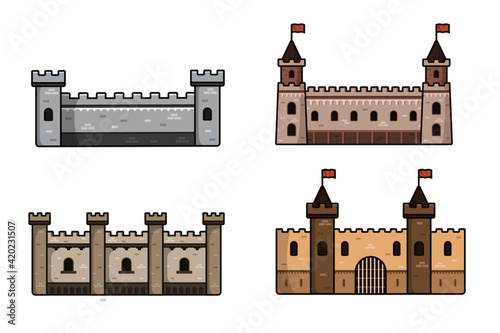 Set of Medieval Castle Wall Simple Flat Illustration