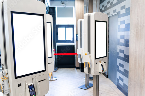 Self service restaurant, kiosk, terminal with empty screen, copy space, mockup