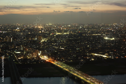 Tokyo Cityscape at dusk with Sumidagawa river in Tokyo city, Japan - 東京 夕暮れの景色
