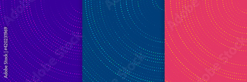 Set of abstract circular overlapping trendy color background with glitter glowing dots combinations. Modern futuristic violet green & red halftone design. Simple flat concept. Vector illustration