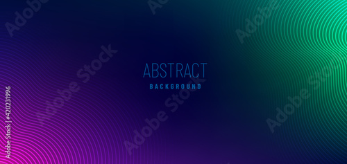 Abstract violet & green wavy line pattern on dark blue background with copy space. Modern tech futuristic neon color concept. Vector illustration