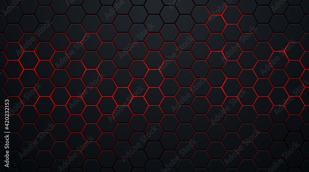 Abstract dark hexagon pattern on red neon background technology style. Modern futuristic geometric shape web banner design. You can use for cover template, poster, flyer, print ad. Vector illustration