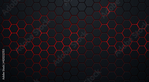 Abstract dark hexagon pattern on red neon background technology style. Modern futuristic geometric shape web banner design. You can use for cover template, poster, flyer, print ad. Vector illustration photo