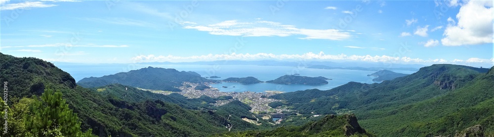 Panoramic view of Seto Inland Sea from Takatori Observatory on Shodoshima island in Kagawa, Japan - 日本 香川県 小豆島 瀬戸内海 寒霞渓展望台 