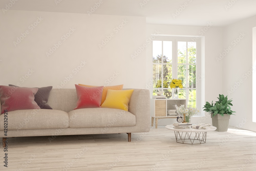 Naklejka premium White living room with sofa. Scandinavian interior design. 3D illustration