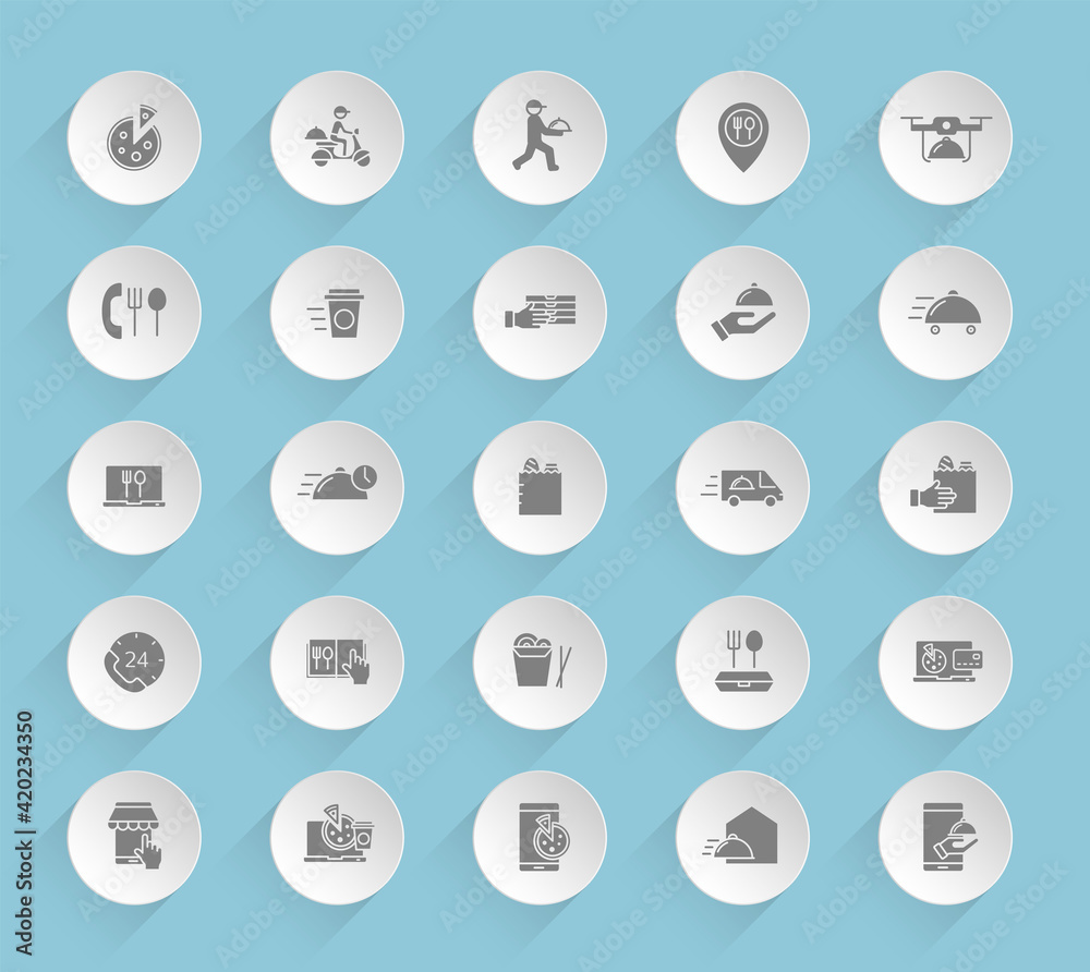 food delivery vector icons on round puffy paper circles with transparent shadows on blue background. food delivery stock vector icons for web, mobile and user interface design food delivery vector icons on round puffy paper circles with transparent shadows on blue background. food delivery stock vector icons for web, mobile and user interface design