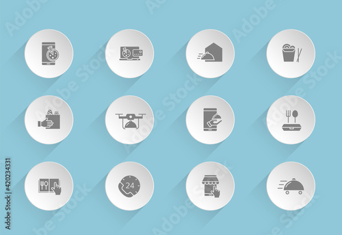 food delivery vector icons on round puffy paper circles with transparent shadows on blue background. food delivery stock vector icons for web, mobile and user interface design