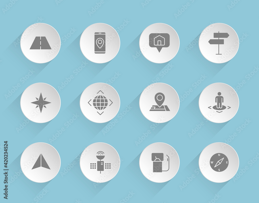 navigation vector icons on round puffy paper circles with transparent shadows on blue background. navigation stock vector icons for web, mobile and user interface design navigation vector icons on round puffy paper circles with transparent shadows on blue background. navigation stock vector icons for web, mobile and user interface design