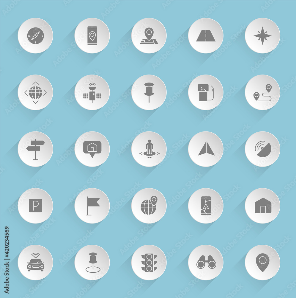 navigation vector icons on round puffy paper circles with transparent shadows on blue background. navigation stock vector icons for web, mobile and user interface design navigation vector icons on round puffy paper circles with transparent shadows on blue background. navigation stock vector icons for web, mobile and user interface design