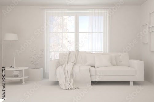 White minimalist living room with sofa. Scandinavian interior design. 3D illustration