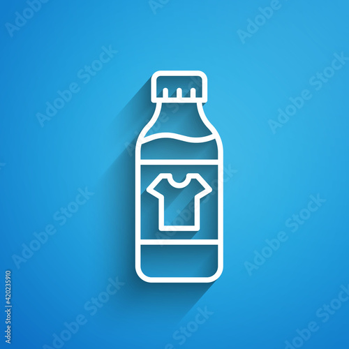 White line Plastic bottle for laundry detergent, bleach, dishwashing liquid or another cleaning agent icon isolated on blue background. Long shadow. Vector