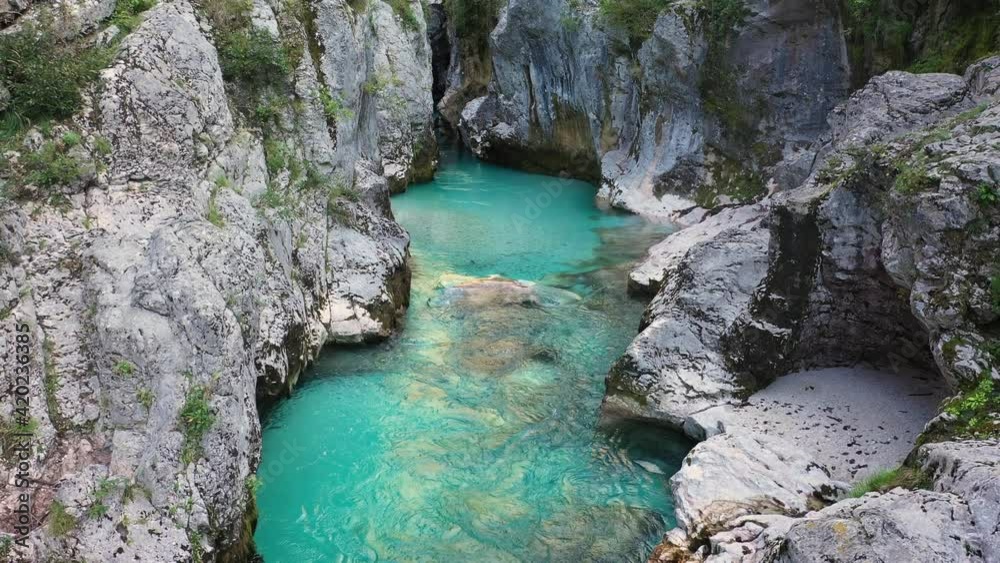 Aerial Vertical View Over The Surface Of A Mountain River Soca Aerial Vertical View Over The Surface Of A Mountain River Soca