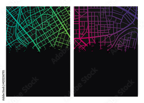 City maps bold color vector design, real estate brochure banner set, aerial view urban area cityscape illustration