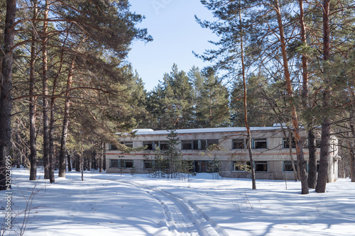 Abandoned buildings in camp Sputnik on Kondurchа river. Abandoned Soviet pioneer camp.